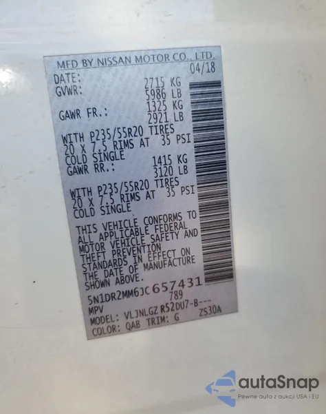 2018 Nissan Pathfinder S z USA, uszkodzony, nr VIN 5N1DR2MM6JC657431